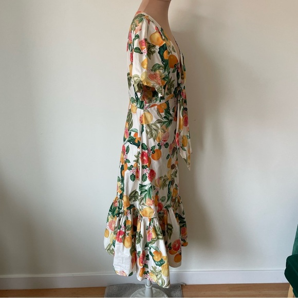 CARA CARA Georgica Puff-Sleeve Tie Front Grapefruit Citrus Print Dress EUX Sz 2 - Picture 5 of 8
